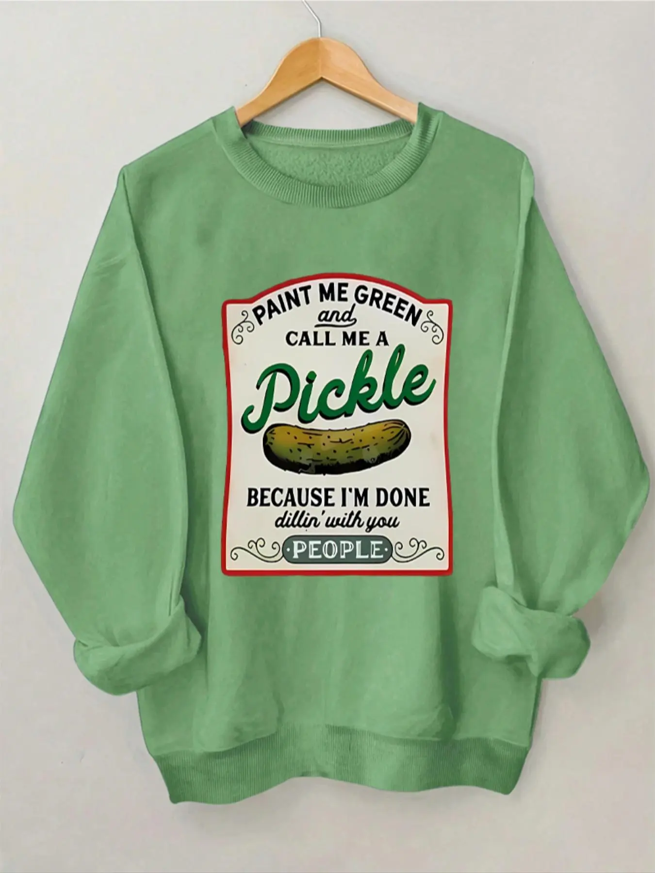 Women's Pickle & Letter Print Crew Neck Sweatshirt, Casual Drop Shoulder Long Sleeve Pullover, Women's Fall & Winter Clothes for Daily Wear