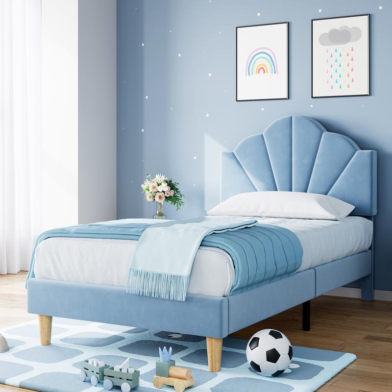 IDEALHOUSE Twin Bed Frame with Shell Headboard, Velvet Upholstered ...