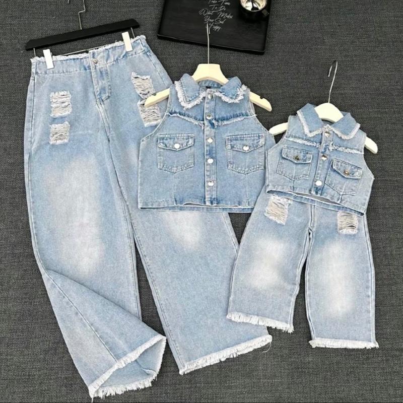 Set Jean Cho Bé Và Set Jean Cho  Mẹ-Áo Gile Croptop Quần Ống Suông Cạp Cao Màu Xanh Nhạt [Bé 12-29kg] [Mẹ 35-80kg] Hugo Kids' - Áo Gile Croptop Quần Ống Suông Cạp Cao Màu Xanh Nhạt - Nữ  Women Ong Voi