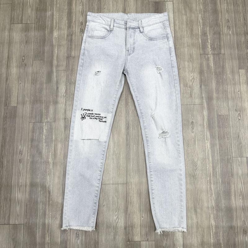 Quần jean nam xanh nhạt phối trắng gối thêu chữ thời trang Menswear Pants