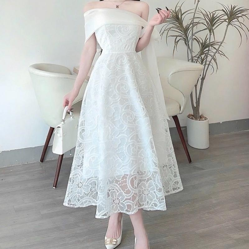 Váy thiết kế ren trễ vai dáng dài phối tơ NQtl2 2