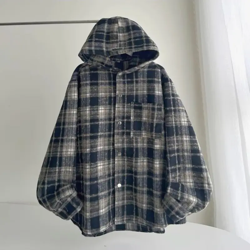 Áo Sơ Mi Áo Chống Nắng Flannel Tay Dài Caro Có Nón Tag Dessuu Form Nam Nữ (Nỉ Dạ) Menswear Shirt   áo  & áo choàng Nhung áo khoác bing 4