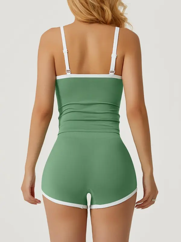 Women's Contrast Binding Cami Top & High Waist Shorts Loungewear Two-piece Set, Casual Comfy Cami Top & Shorts Pj Set, Ladies Summer Sleepwear 5