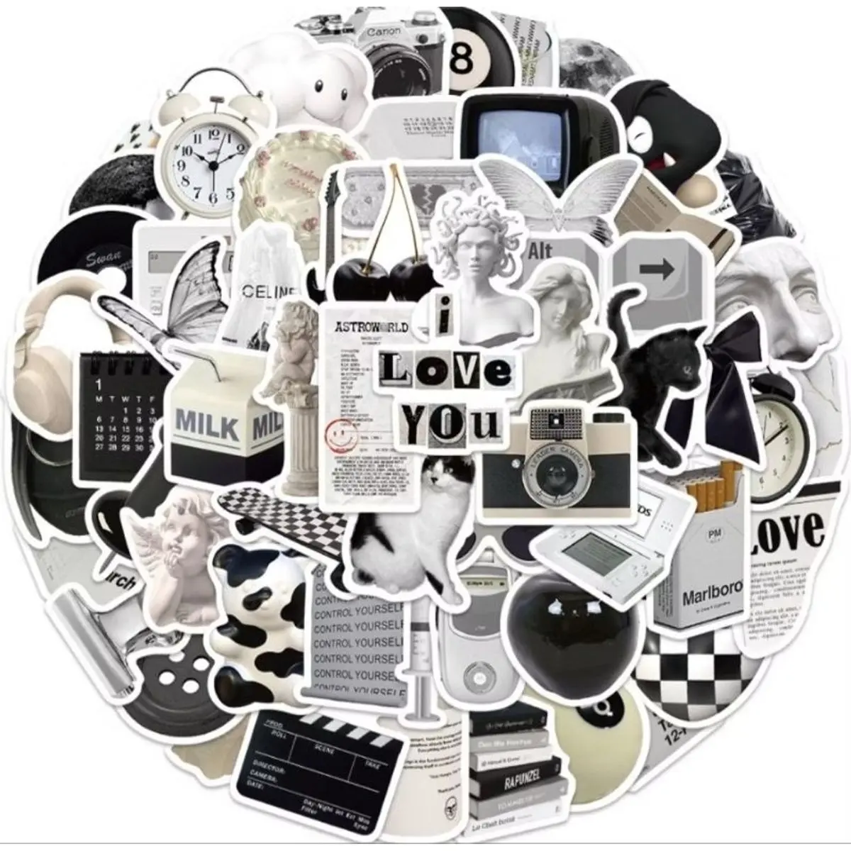 Set combo 50 miếng dán sticker trắng đen cổ điển vintage retro chống thấm nước dán nón mũ bảo hiểm laptop vali sổ sách