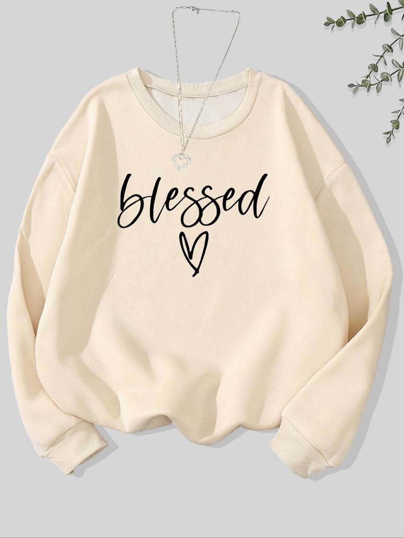 Product Introduction of Women's Letter & Heart Print Crew Neck Sweatshirt, Casual Long Sleeve Pullover for Fall & Winter, Women's Clothes for Daily Wear 3