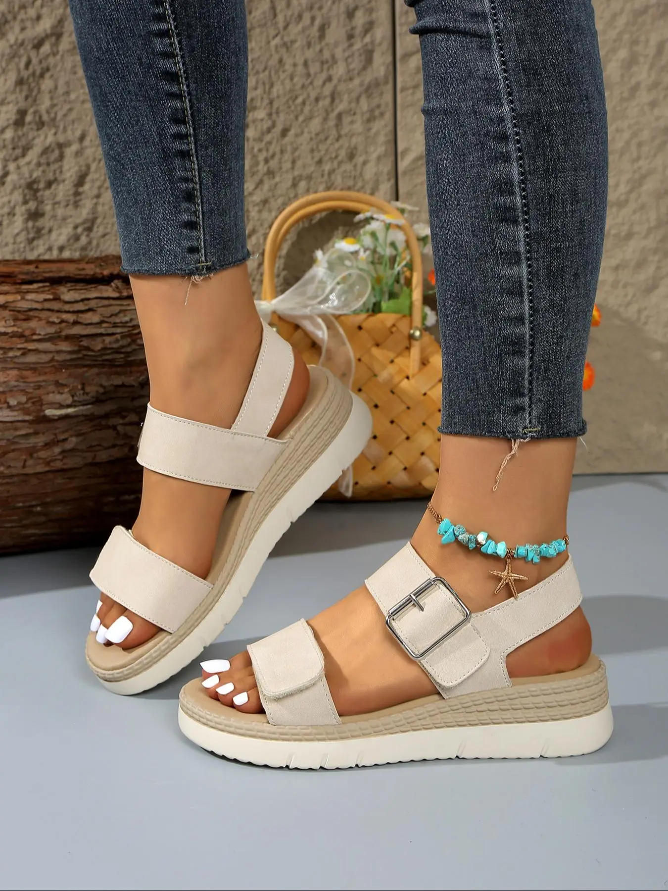 Women's Fashionable Plain Color Platform Sandals, Casual Comfortable Velcro Sandals for Summer, Lightweight Breathable Shoes for Daily Wear, Girl