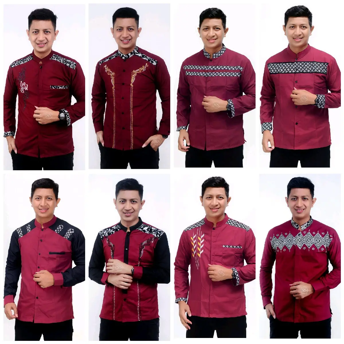 KEMEJA KOKO POLOS KOMBINASI BATIK BORDIR PRIA LENGAN PANJANG WARNA MERAH MARUN katun muslim dewasa  formal