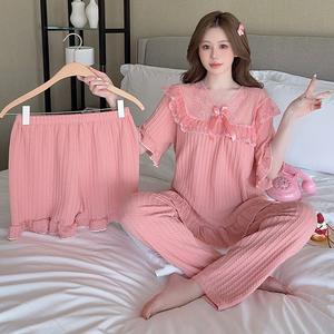 Set Piyama Kapas Berkait, Gaya Manis, Untuk Wanita, Pakaian Tidur Jacquard 3 Helai, dengan Pilihan Seluar Pendek / Seluar, Saiz Besar sehingga 220 paun, Pakaian Rumah Bernafas dan Pakaian Ruang Tidur, Sesuai untuk Musim Bunga dan Musim Panas