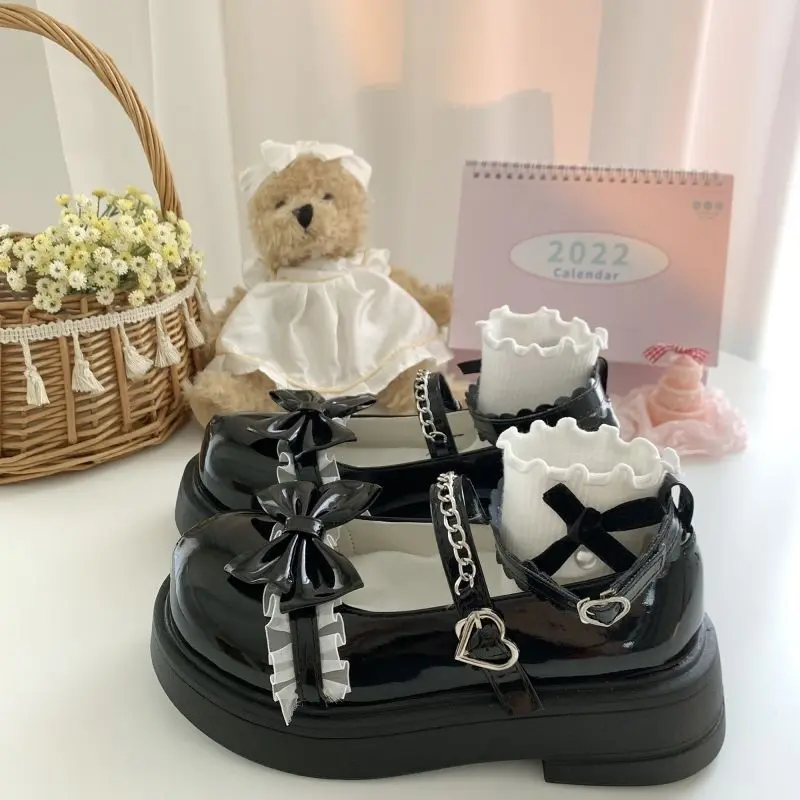 Giày da nữ nhỏ, giày nơ Nhật Bản, dễ thương, đế dày, đầu to, đồng phục học sinh, Mary Jane