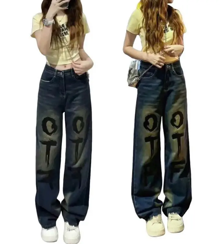 QUẦN JEANS NỮ XANH CẠP CAO KHÔNG GIÃN WASH LOANG MÀU BỤI VÀNG IN CHỮ SƠN ĐEN THỜI TRANG CÁ TÍNH Women Pants Có Túi Navy 4