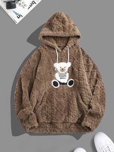 Men's Cartoon Bear Print Drop Shoulder Thermal Lined Hoodie, Fashion Casual Regular Fit Drawstring Pocket Hooded Sweatshirt for Daily Holiday Outdoor Wear, Men Clothes for Fall & Winter