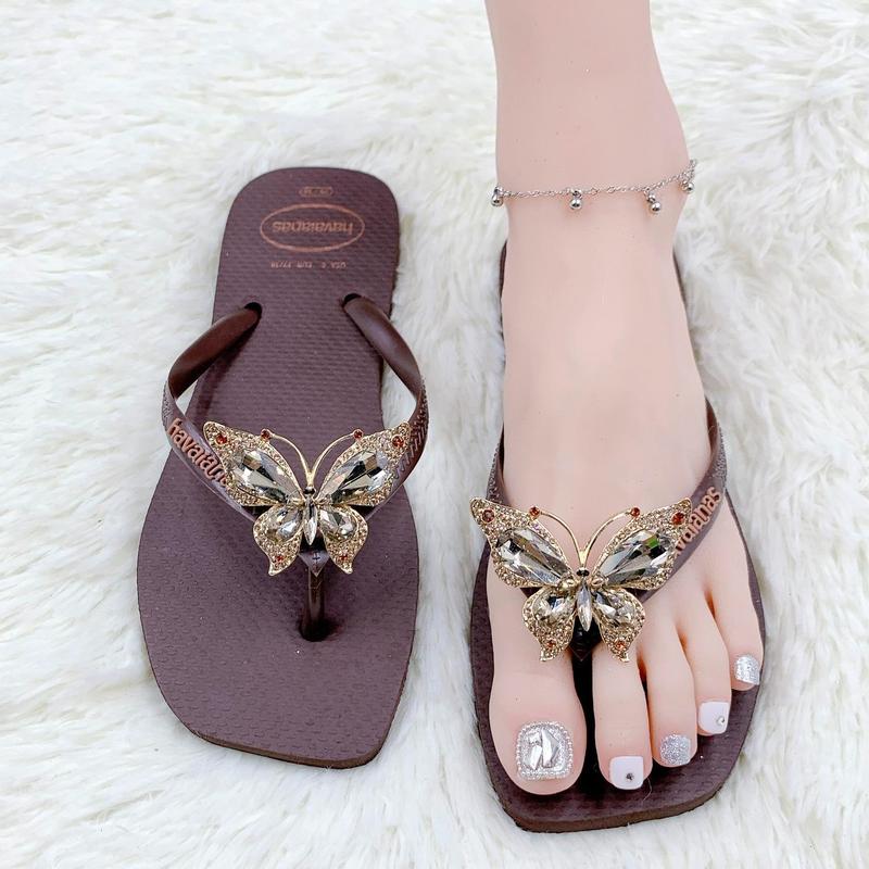 HAVAIANAS - DÉP TÔNG ĐI BIỂN NỮ - ĐẾ VUÔNG NÂU ĐÍNH CHARM ĐÁ ( THU HƯỜNG ) DéP GiàY Shoes Nhung Sandal Dép Tông cao su Caro Jean