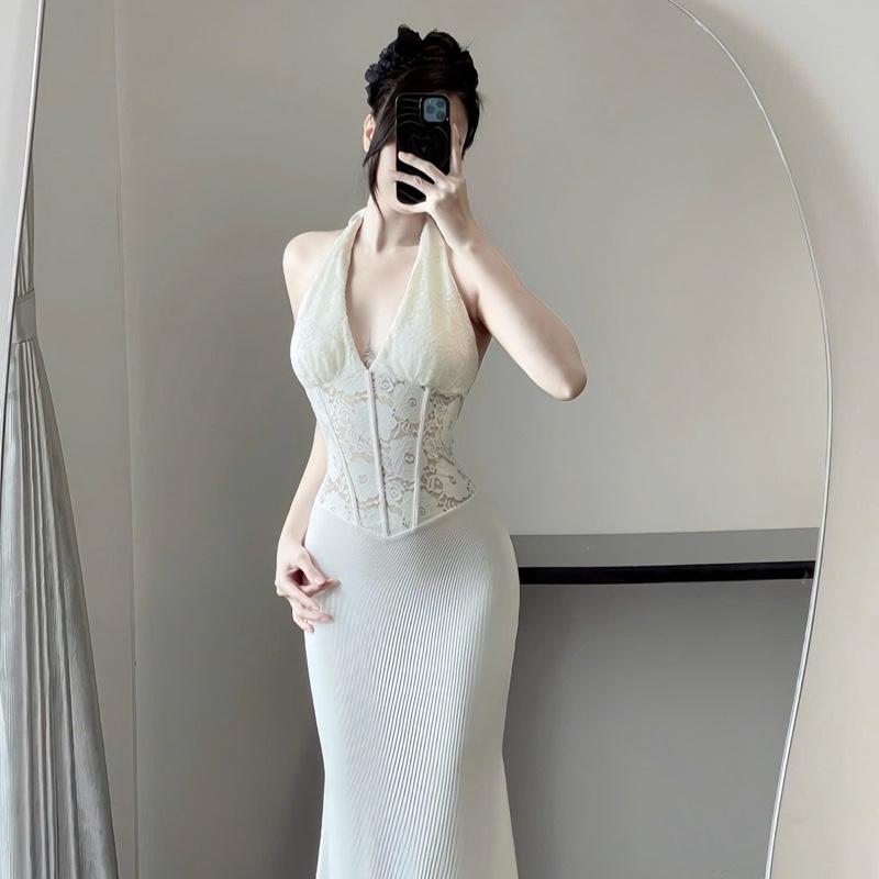 DARLING [L.Studio] Đầm dài cổ yếm phối Ren cao cấp SẴN MUSH ngực, thân váy thun đuôi cá tôn dáng 2
