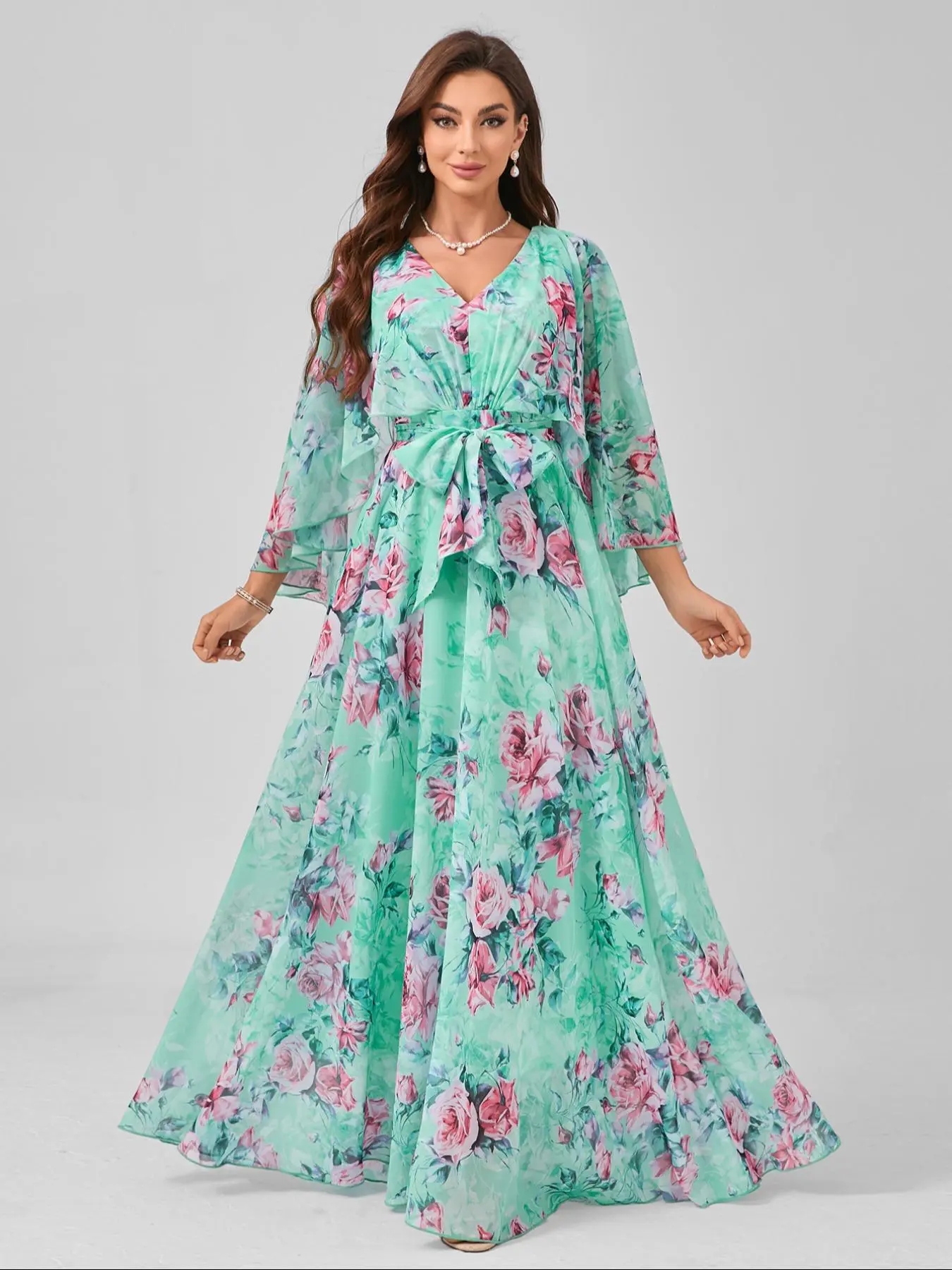 Women's Floral Print Belted V Neck Chiffon Dress, Elegant Long Sleeve Dress for Party Holiday Wedding Guest, Ladies Clothes for All Seasons