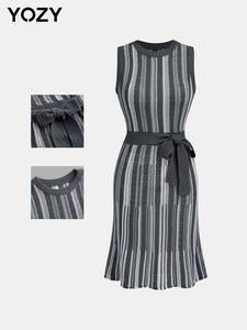 YOZY Women's Colorblock Striped Bow Front Sweater Dress, Casual Sleeveless Round Neck Knit Dress for Spring, Fashion Women's Dress for Daily Wear