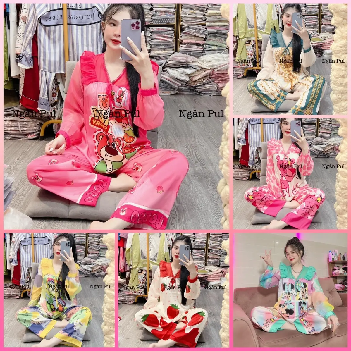 Đồ ngủ, đồ bộ chất liệu lụa xước phối voan tơ dưới 62kg hoạ tiết Gấu Dâu và nhiều mẫu khác