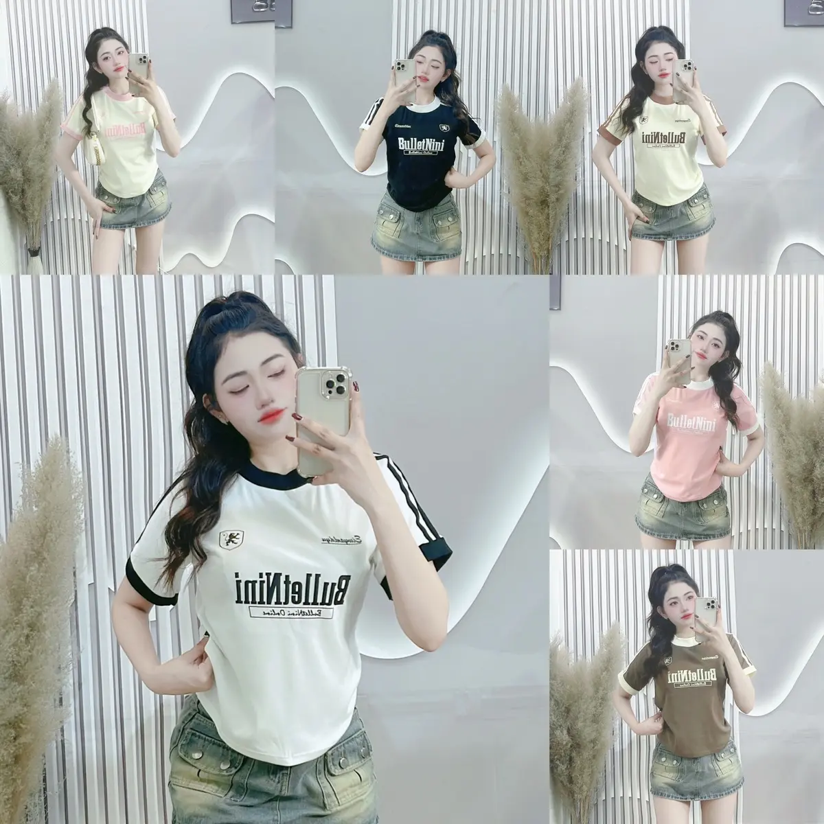 Áo thun chất Borip co giản 4 chiều from áo Baby Tee kiểu dáng ôm phối viền - Mã Baby tee in chữ BullettNinii Cotton Top Nữ Cổ Tròn