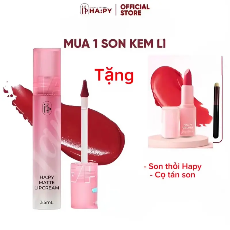 Mua 1 son kem Lỳ Ha-py tặng kèm 1 son thỏi Hapy và 1 cọ tán son 0