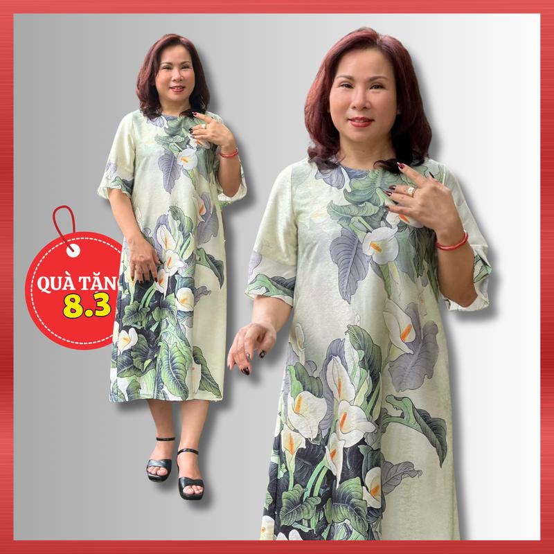Đầm Trung Niên D208, Mẫu Váy Dự Tiệc Cho Mẹ Ngắn Tay Chất Lụa Cổ Tròn In Hoa 3D Bigsize Sang Trọng | Top Women Dress Thời Trang NP Clothing U60