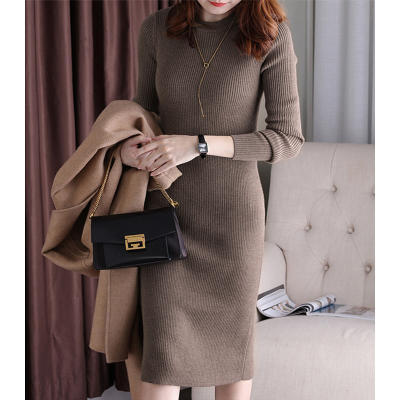 Cantr-Váy Dệt Kim Dài Tay Cho Nữ Phiên Bản Hàn Quốc Mới Dáng Ôm Màu Trơn Thanh Lịch Dài Trung Bình Dress Voan Đầm Tay Loe Khuy Đen Casual V-Neck Boat Neck A-Line Slim-fitting Plain Floral Street Sweet Holiday