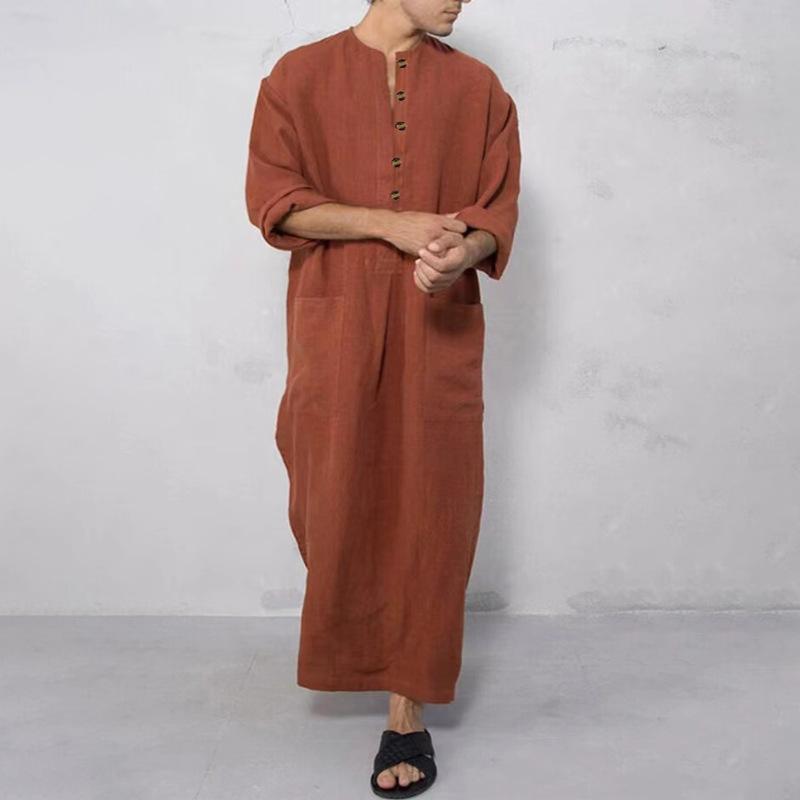 Product Introduction of Muslim Robe New Men's Loose Stand Collar Door Tube Long Sleeve Robe Ethnic Style Robe 2