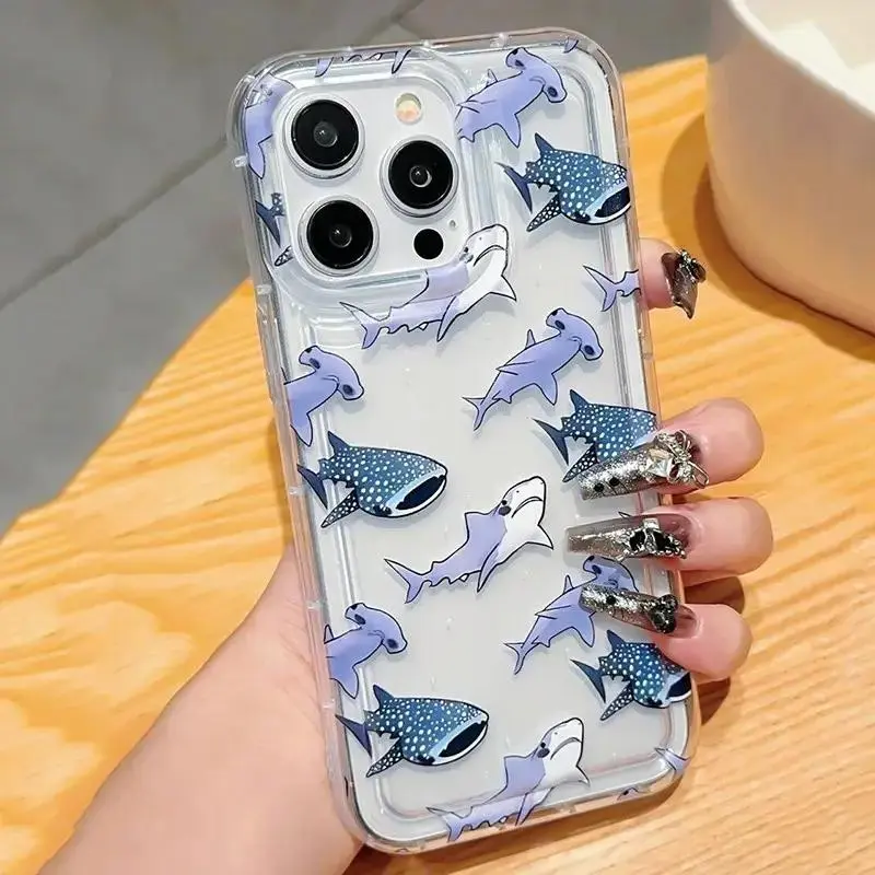Cute Shark Pattern Phone Case, Decorative Phone Protector Cover, Phone Accessories Compatible with iPhone 11 12 13 14 15 Pro Max 14 15 Plus, Casing 0