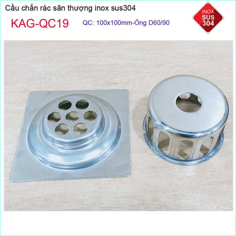 Cầu chắn rác đế vuông 10 x 10cm D60 KAG-QC19, thoát nước sân thượng SUS304 ống 6cm thoát nhanh chắn rác tốt 6
