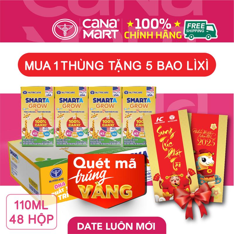 Thùng sữa pha sẵn Nutricare Smarta Grow dinh dưỡng cho bé thấp còi 110ml Phát Triển Chiều Cao, Trí Não