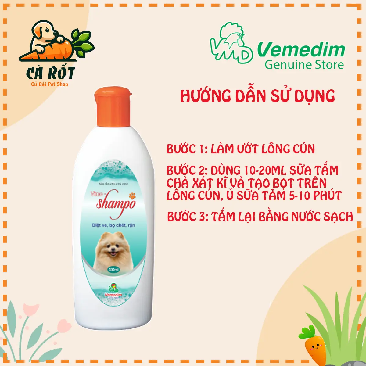 Sữa tắm diệt ve rận, bọ chét ở chó mèo Vemedim Vime-Shampoo (nắp cam) 300ml - Sữa tắm phòng lây nhiễm ve, bọ chét ở chó mèo