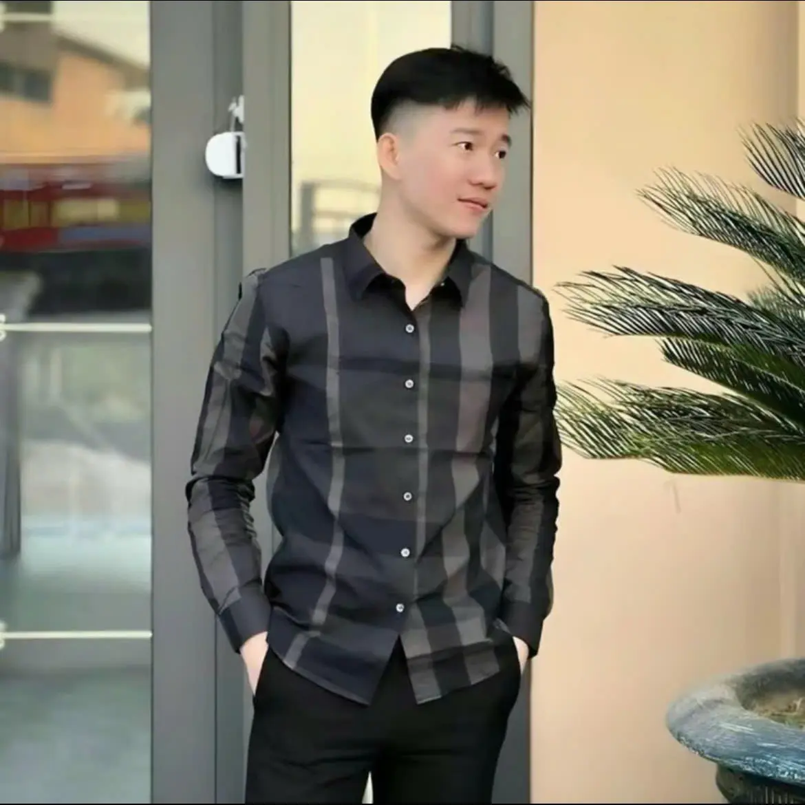 Áo sơ mi Nam tay dài sọc lớn phối cao cấp caro đen vải cotton khô phối sọc thời trang nổi bật