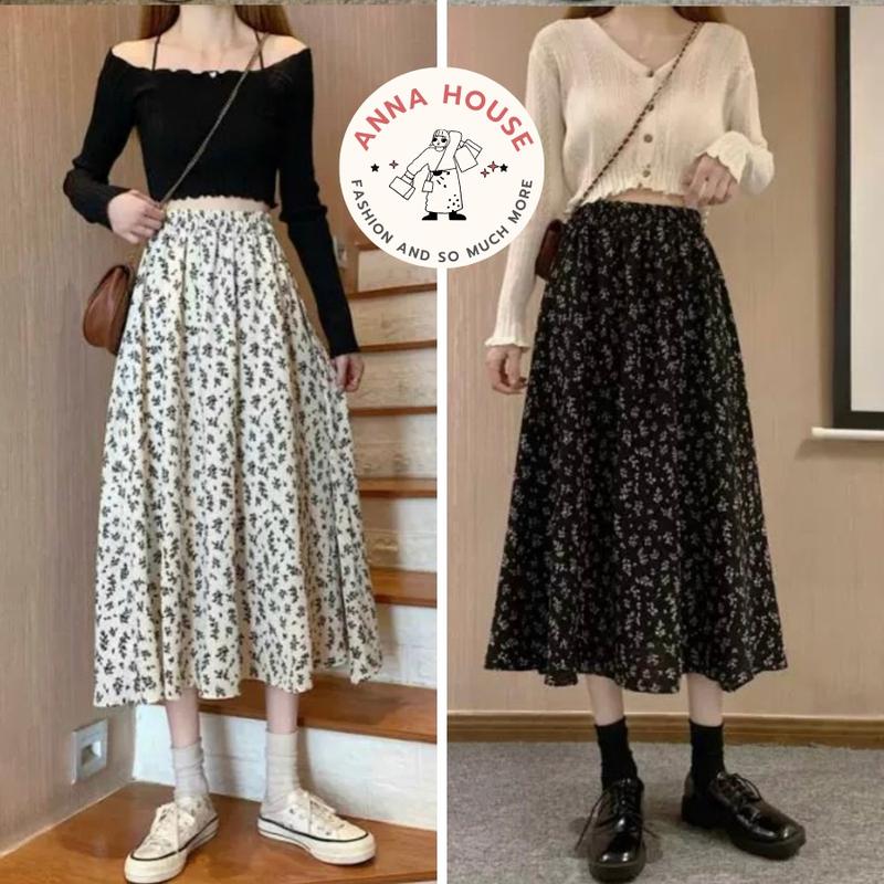 Chân váy suông dài hoa nhí dáng xòe Vintage, chân váy chữ A dài midi 2 lớp dáng suông rộng cạp chun ulzzang đen trắng