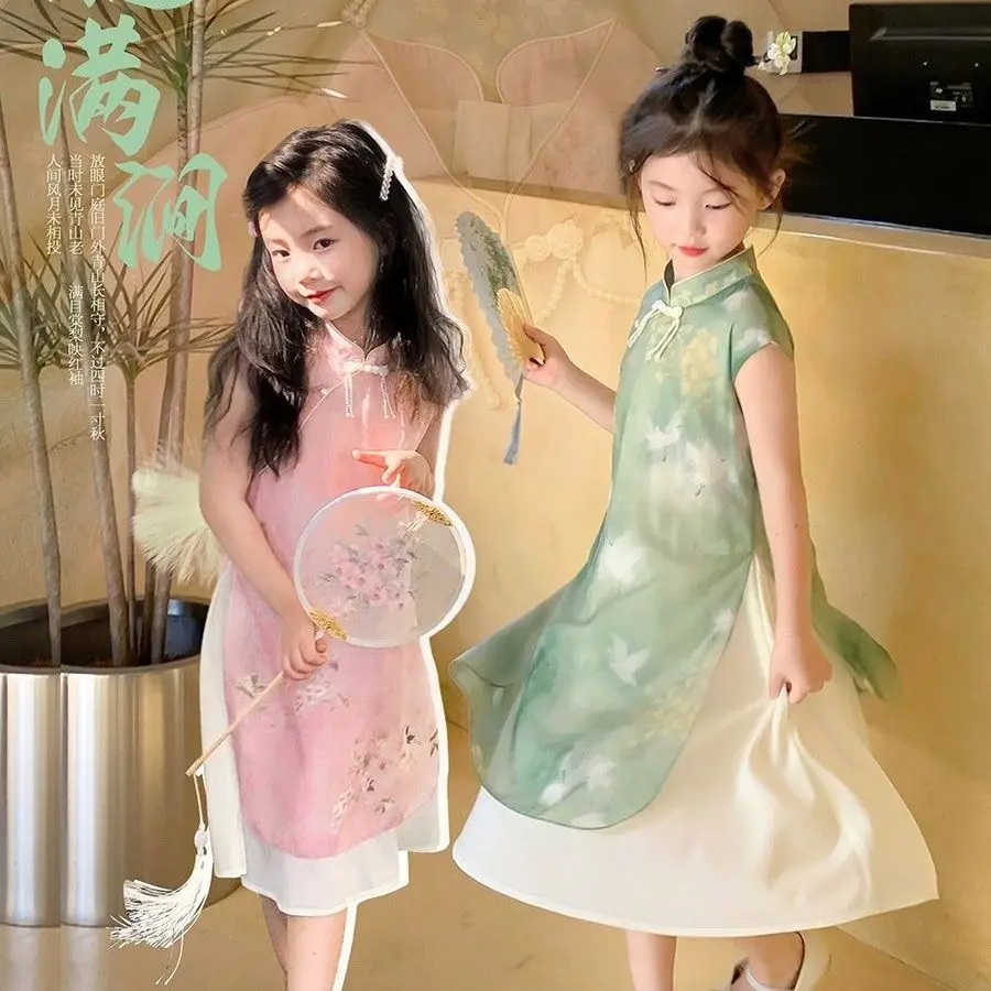Váy Sườn Xám Cho Bé Gái, Bộ Sưu Tập Mùa Hè Mới 2024, Phong Cách Dân Tộc, Váy Midi Giả Hai Lớp, Thích Hợp Cho Bé Gái, Trang Phục Cung Đình, Trang Phục Han