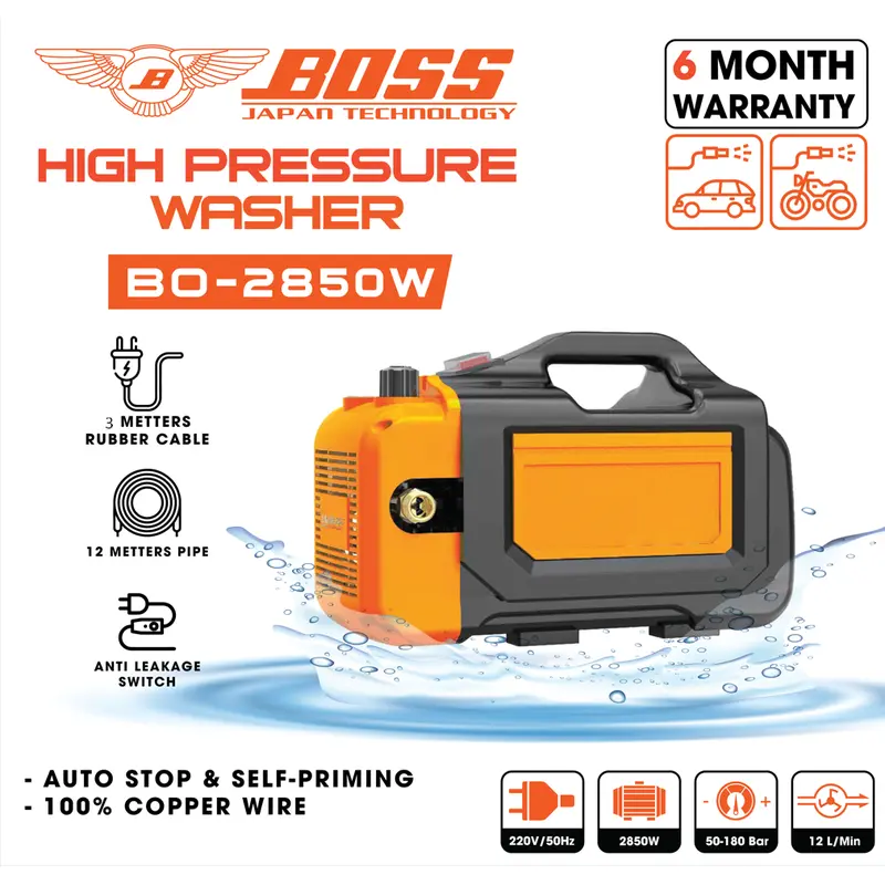 Máy rửa xe gia đình BOSS Model BO-2850W, công suất 2850W, áp mạnh 180 bar, mô tơ lõi đồng, chống giật 8