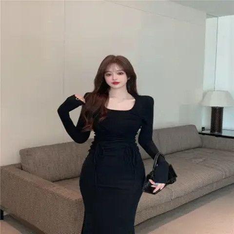 Product Introduction of Black square neck long sleeved dress for women, Korean style fashion solid color Retract your waist Wrap the buttocks casual fish tail mid length skirt 11