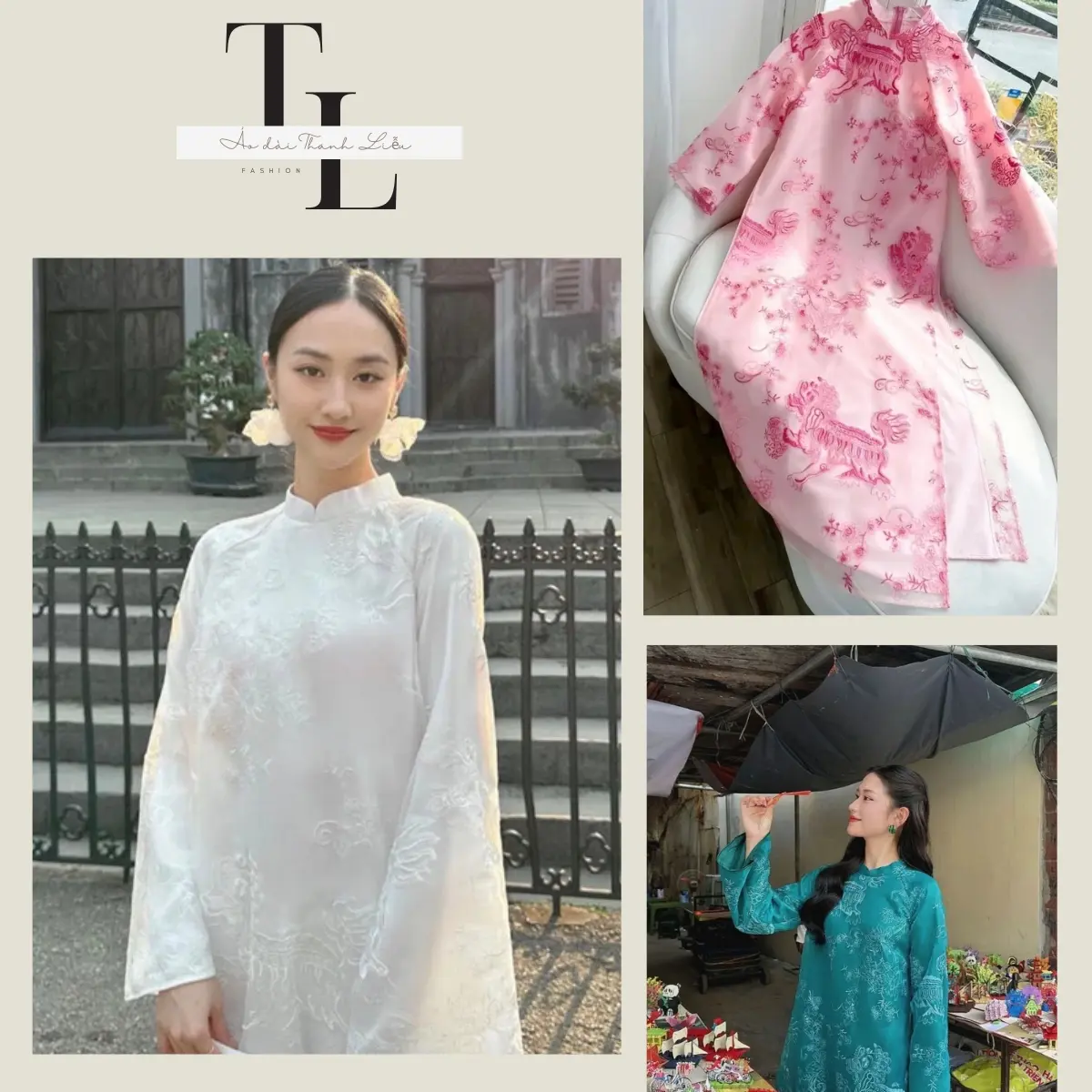 Áo Dài Cách Tân Nữ Tơ Thêu Hình Kỳ Lân, Áo Dài Cách Tân Tết Hồng Sư Nổi Sang Trọng
