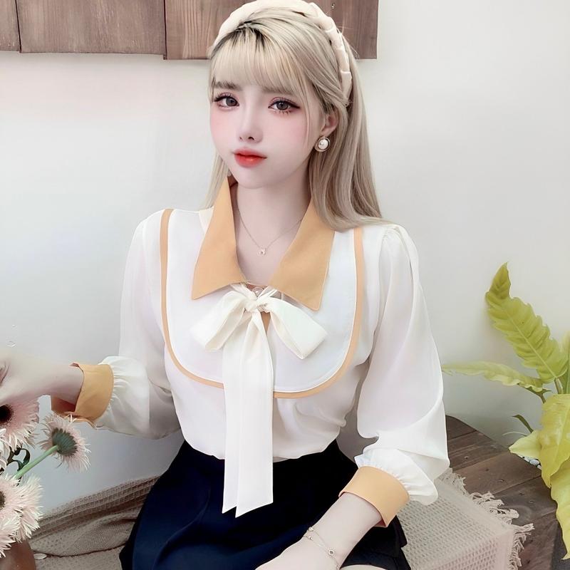 Áo sơ mi nữ tay dài cổ nơ phối viền, áo kiểu nữ sang chảnh