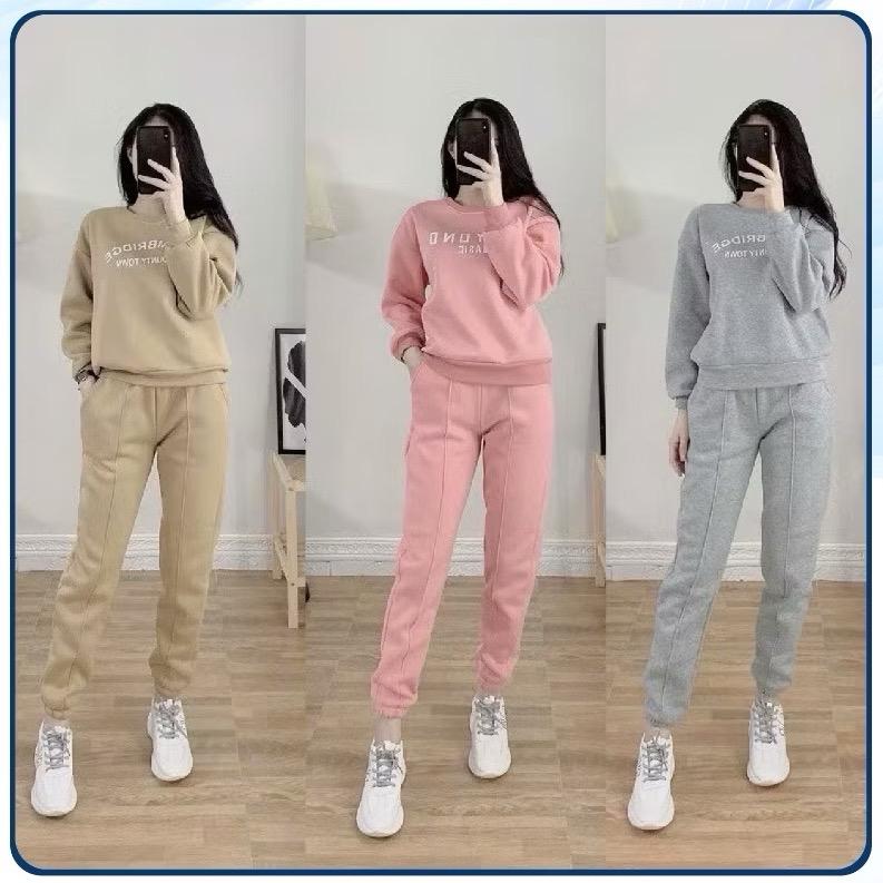 Bộ nỉ nữ thu đông nỉ bông nhiều màu, set quần áo nỉ dài tay in chữ Be Yond MIAN đồ bộ mặc nhà, đi chơi