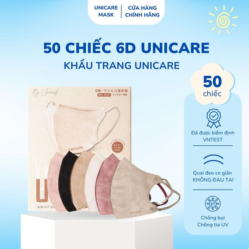 Hộp 50 Chiếc Khẩu Trang UNICARE 6D Quai Đeo Thoải Mái, Chống Bụi, Chống Nước, Chống Tia UV Hiệu Quả