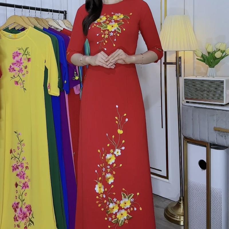 { cả Áo và Quần } Áo dài thêu hoa vải tằm ý mẫu thêu cực đẹp Nữ Women Sen Dress Voi Nhung đầm màu