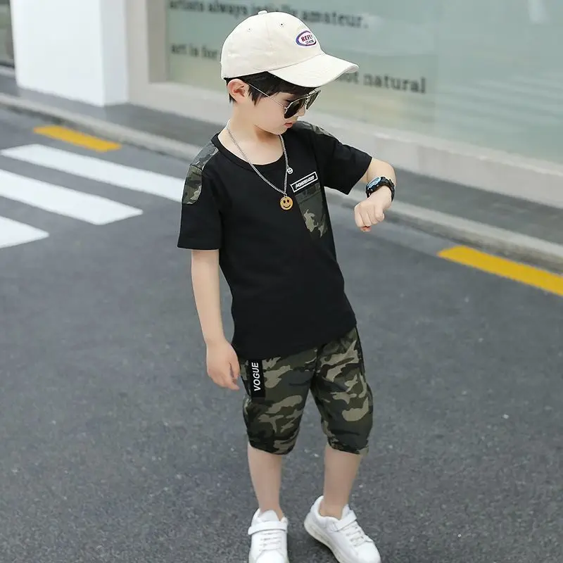 Children's Clothing Boys' T-shirt Summer Wear Suit 2024 New Children's Children and Teens Short Sleeve Cotton Sports Casual Two-Piece Suit Tide