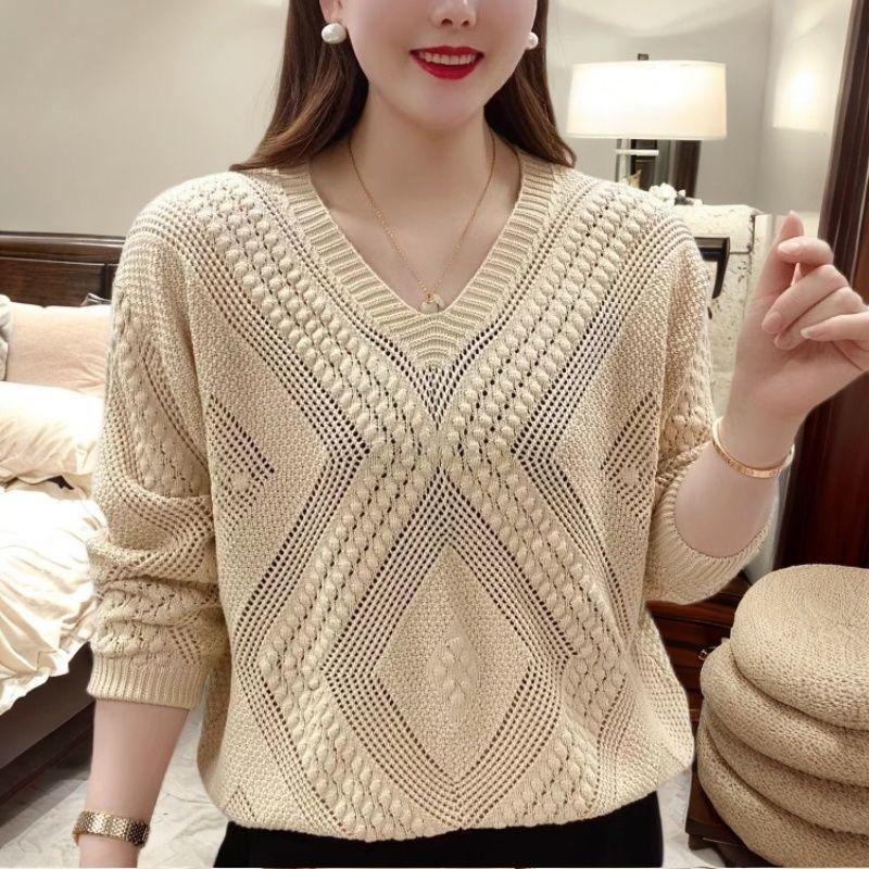 Product Introduction of Áo dệt kim mỏng hợp thời trang khoét rỗng cổ chữ V đầu thu cho cô gái béo cỡ lớn 150,00kg, áo chống nắng Top 5