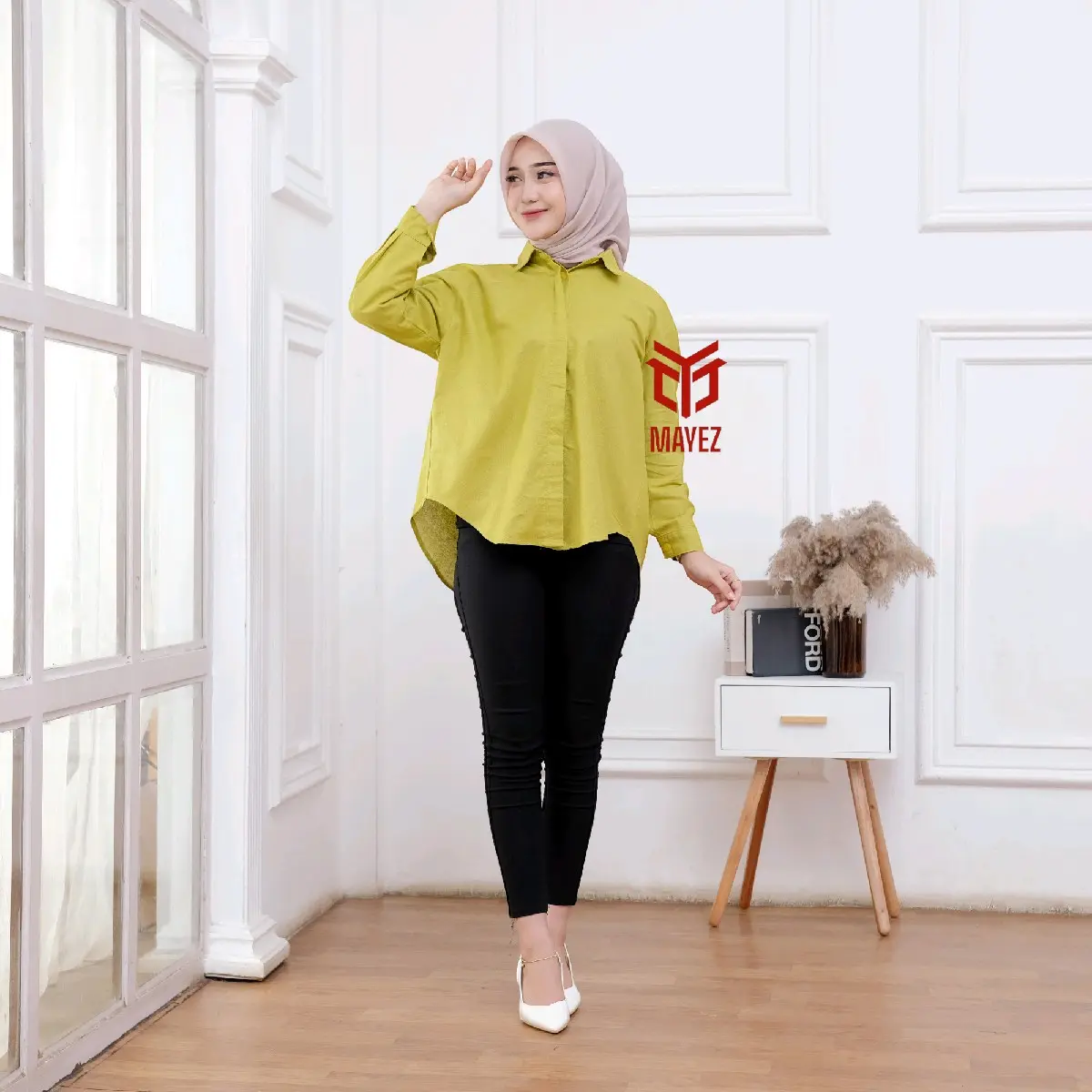 Kemeja Rika Top Blous Kancing Belakang - Kemeja Wanita Atasan Panjang Oversize Katun