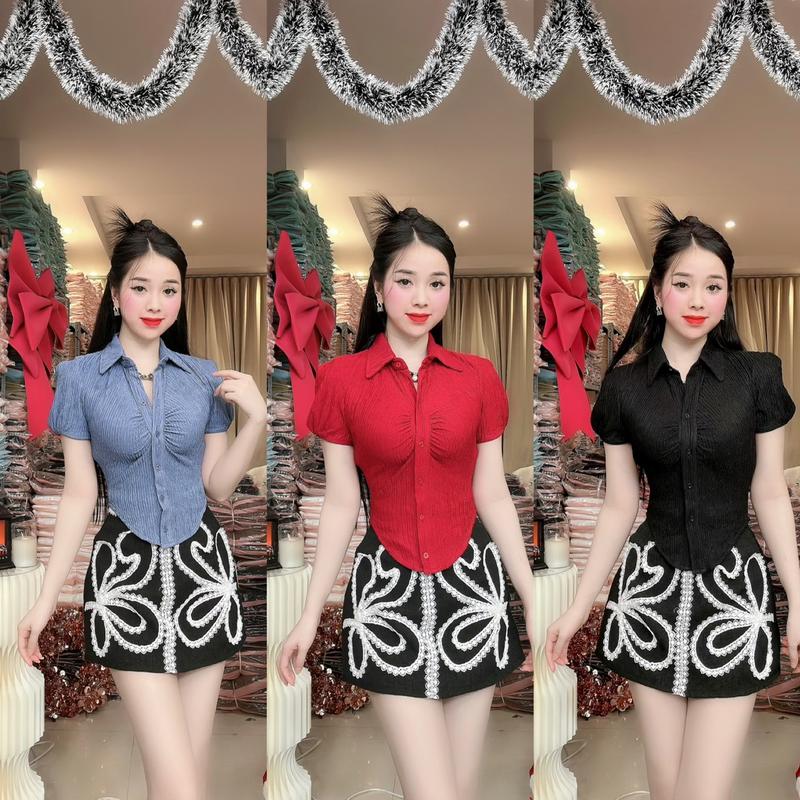   K75  Áo thiết kế cổ sơ mi tay bồng form dúm cách điệu áo nữ kiểu sang chảnh áo thun kiểu nữ đi tiệc đi làm đi chơi đều đẹp by Thương lê K75 