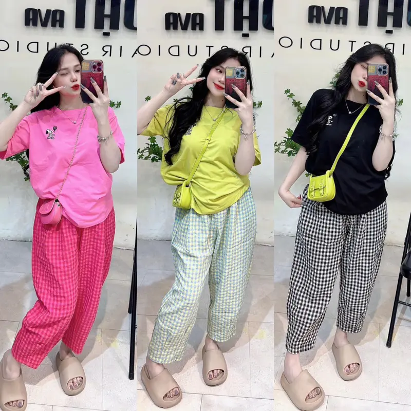 Sét Bộ Nữ Hình Cún Áo Chất Cotton Khô 3158 Mix Quần Kẻ Baggy Top