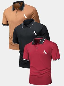 Men's Horse Print  Contrast Trim Button Front Half Placket Polo Shirt, Regular Fit Casual Comfy Breathable Short Sleeve Collared Top for Summer, Fashion Men's Clothes for Daily Wear