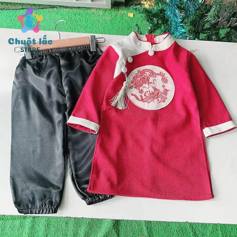 Áo Dài Cách Tân Cho Bé Trai Kèm Quần Chất Nhung Lì có Khánh Đeo Từ 8kg Đến 28kg 6