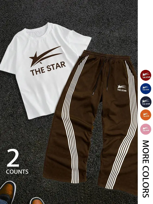 Two-Piece Set Men's Letter Print Short Sleeve Tee & Tracksuit Legging Set, Regular Fit Round Neck T-shirt & Striped Print Pants, Casual Fashion Breathable Men Two-piece for Gym Workout Running 8
