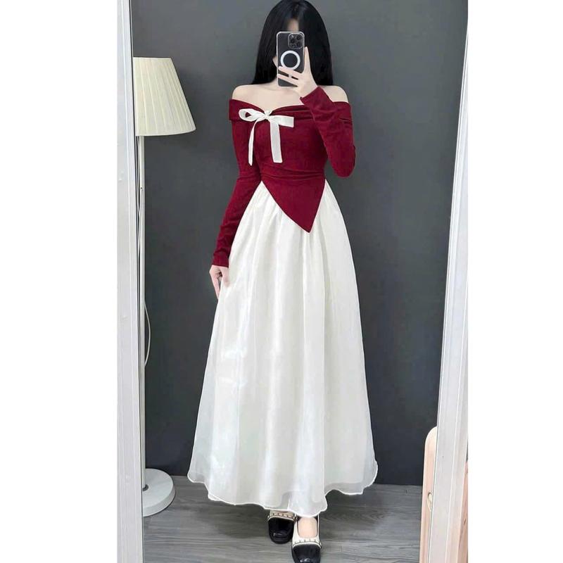 Set váy đầm hai món nữ: áo trễ vai màu đỏ chất thun sọc đính nơ phối chân váy voan cạp chun dáng dài màu nude sang trọng