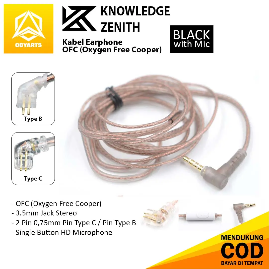 KZ Kabel Earphone With Mic 2 Pin 0.75mm Black Type B/Qdc/Type Chight Purity Ofc Flat Kabel Pengganti Untuk Earphone Oxygen Free Copper
