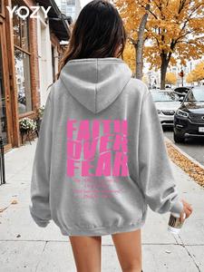 YOZY Women's Letter Print Pocket Thermal Lined Hoodie, Casual Long Sleeve Hooded Sweatshirt for Fall & Winter, Women's Clothes for Daily Wear